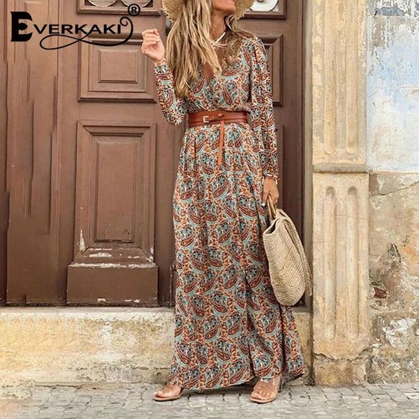 

casual dresses everkaki boho print maxi dress women summer vestidos with belt long sleeve ladies vacation beach female 2021 fashion, Black;gray