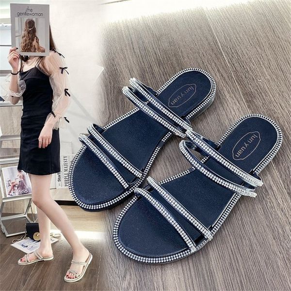 

womens shoes new style summer temperament fairy style comfortable soft bottom flat shoes rhinestone one shoe two slippers1, Black