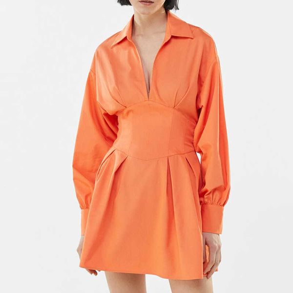 

za dress spring fashion simple v-neck slim belt orange women casual chic street youth 210601, Black;gray