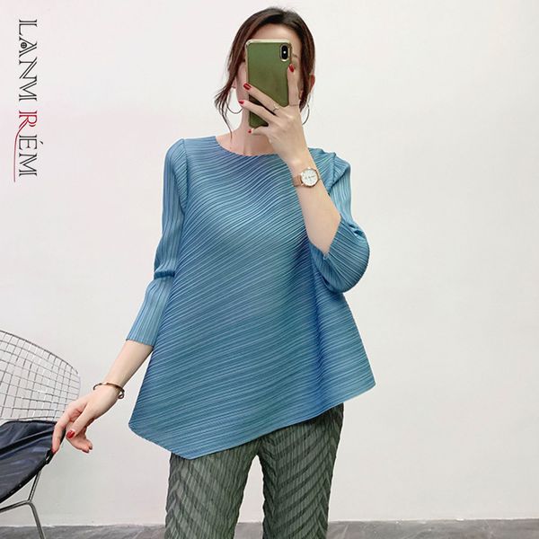 

pleated shirts for women loose large size irregular t-shirt spring fashion three quarter sleeve yj790 210507, White