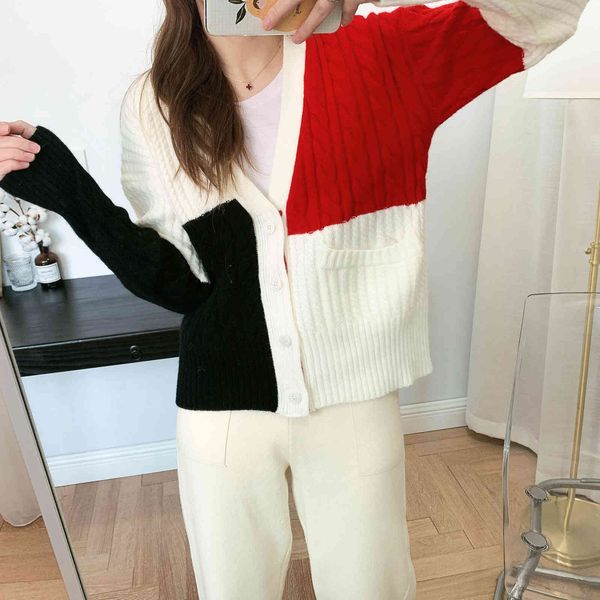 

tb college tricolor color match twist knitted casual cardigan coat loose outside wear lazy 21 early autumn new style, White;black