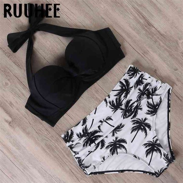 

ruuhee halter high waist bikini 2021 women bandage swimwear up swimsuit leopard swimming set maillot de bain femme, White;black