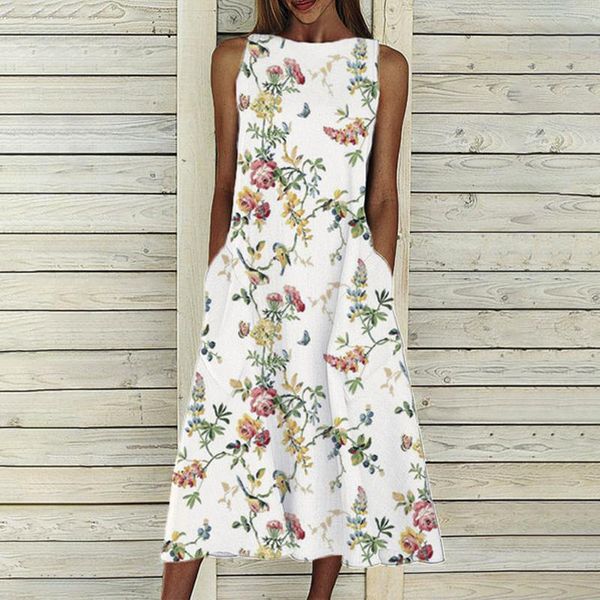 

casual dresses 40# vintage print tank dress women loose sleeveless pocket long summer 2021 o-neck retro for vestidos, Black;gray