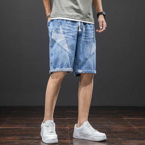 

plus size summer blue short jeans men knee-length cotton casual baggy trousers male striped denim shorts 6xl 7xl 8xl 210622
