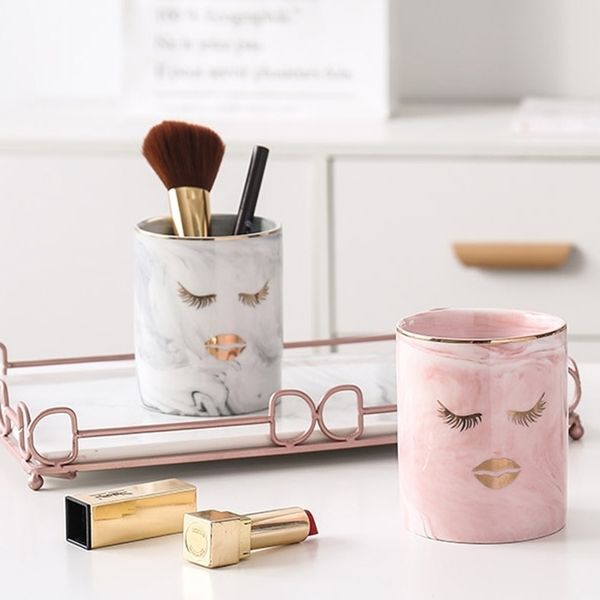 1pc Penna in ceramica Marmo Texture Matita Tazza Pot Organizer da scrivania Porta pennelli trucco Home Storage 210330