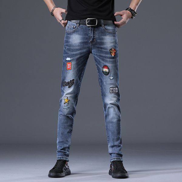 

fashion jeans hole blue men's wear four seasons brand personality trend casual korean slim elastic leggings