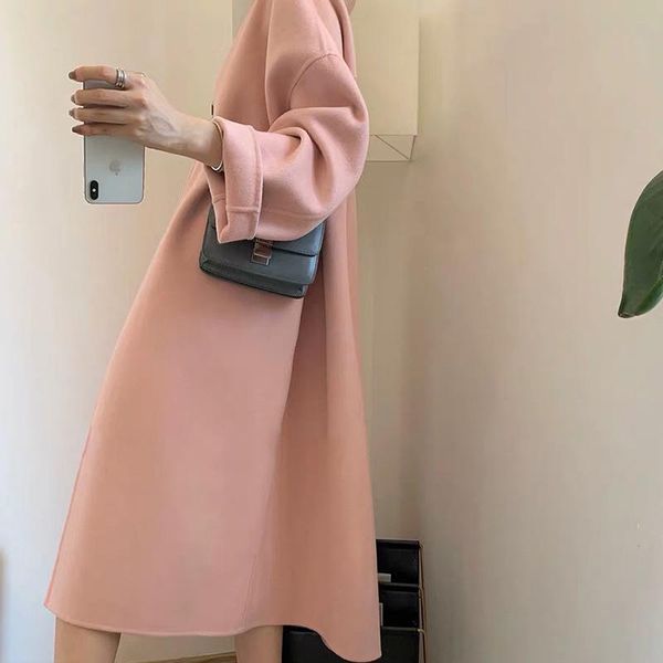 

women's wool & blends double sided cashmere overcoat mid long autumn winter 2021 high end cocoon hepburn tweed jacket, Black