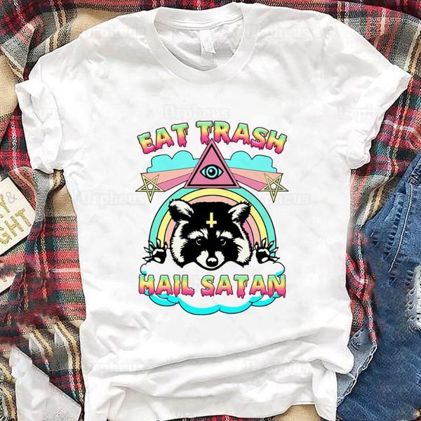 

women's t-shirt vip hjn funny trash raccoon t shirt eat hail satan shirts aesthetic tees, White