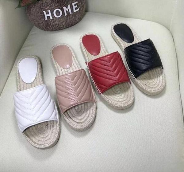

2021 designer women slipper leather espadrille sandal luxury flat platform sscandals with the double metal beach weave shoe, Black