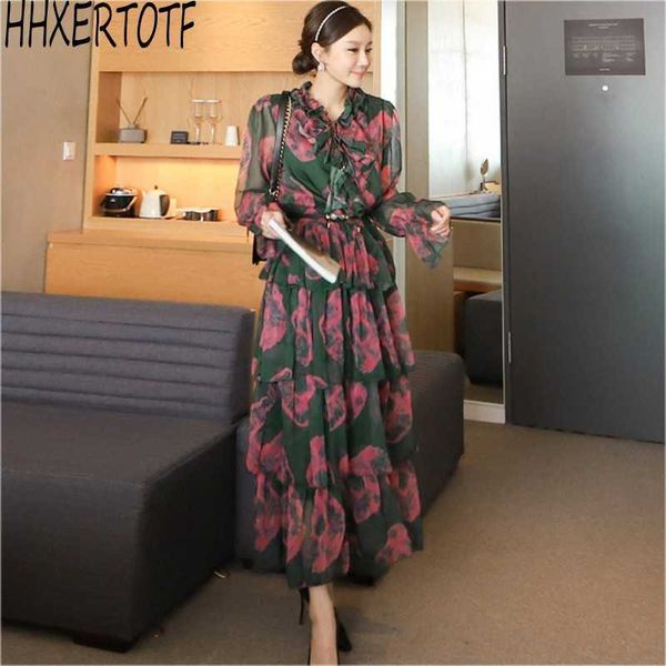 

summer fashion women v neck long sleeve ruffled chiffon print cake dress 210531, Black;gray