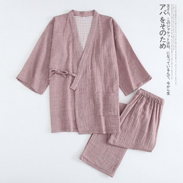 

men's sleepwear cotton kimono pink solid v neck pajamas pijama hombre verano japanese robe vintage roomwear 2 piece pajama set, Black;brown