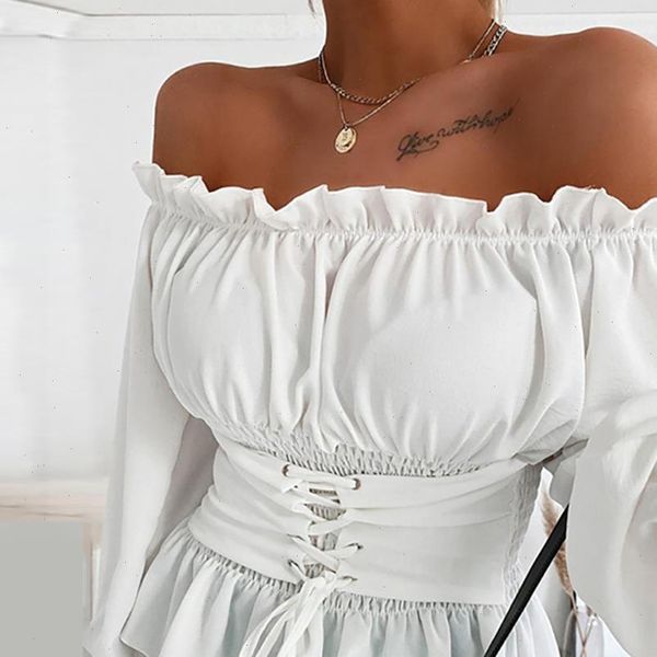 

women womens blouses off shoulder bandage spring ladies lantern sleeve slash neck lace up waist corset wild ruffles tee, White