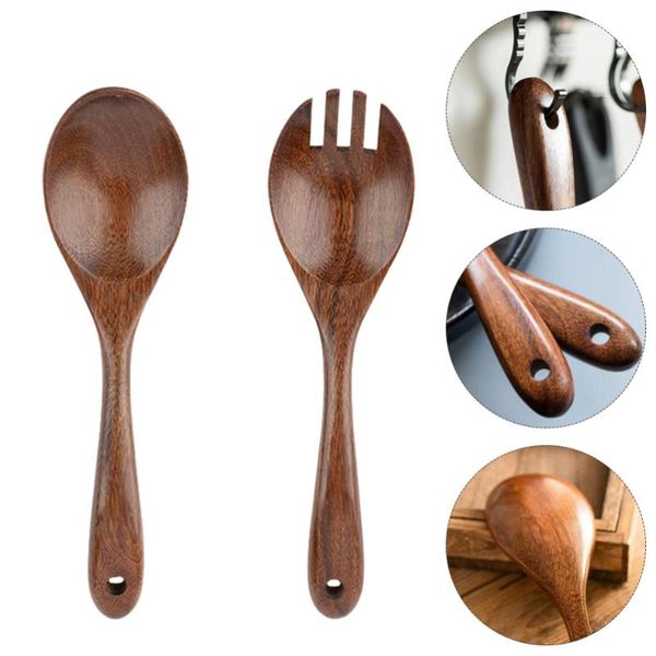 

spoons 2pcs wood salad spoon and fork flatware serving tableware (assorted color)