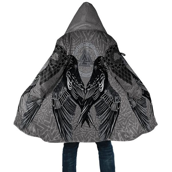 

men's trench coats winter hooded cloak odin with fenrir valknut tattoo 3d print fleece coat casual thick warm h047, Tan;black