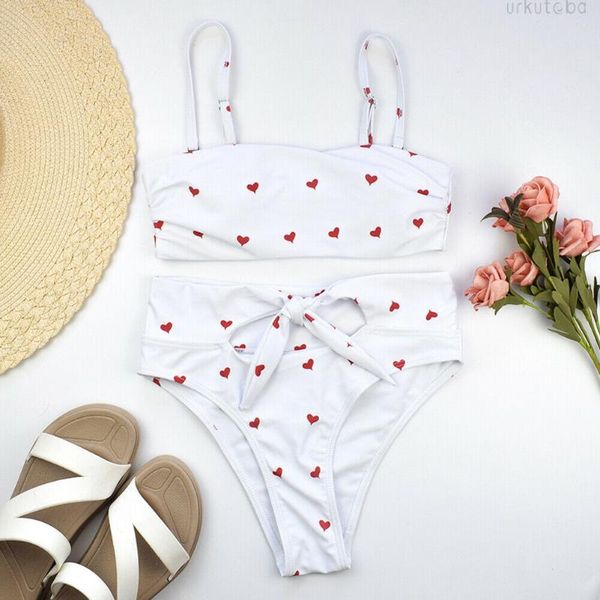 

women bikini set swimsuit swimwear high waist push-up sling heart-shaped print bra bow one-piece suits