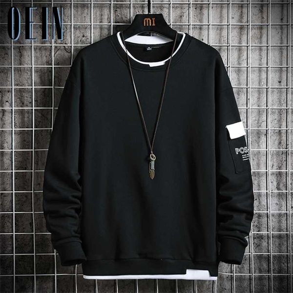 

mens casual sweatshirts men fake two pieces hoodie autumn streetwear multi color o-neck fashion harajuku male sweatshirt 211014, Black