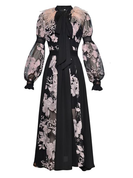 

pink and white vintage elegant patchwork embroidery maxi women lantern sleeve long runway, Black;gray