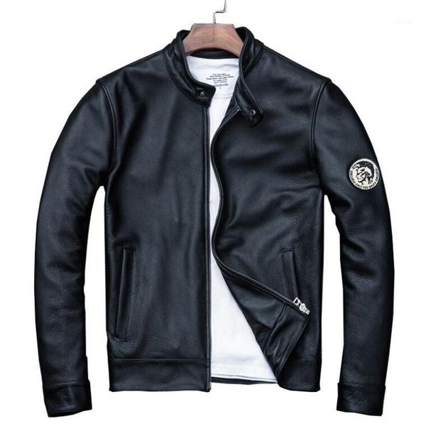 

men's leather & faux 2021 spring autumn layer cowhide classic stand collar motorcycle jacket natural calf skin slim moto coat, Black