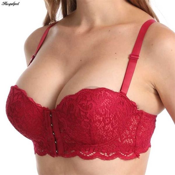 

plusgalpret plunge bra gather women half cup lingerie v-shaped stripe non-padded push up bra underwear brassiere c cup bras 211110, Red;black