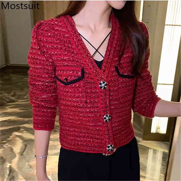 

v-neck single-breasted women cardigan sweater full sleeve knitted short korean elegant fashion ladies jumpers 210513, White;black