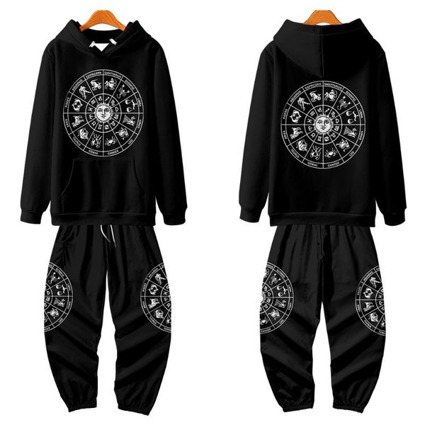 

men's hoodies & sweatshirts 2021 autumn mens casual black print long sleeve elastic waist pants suits