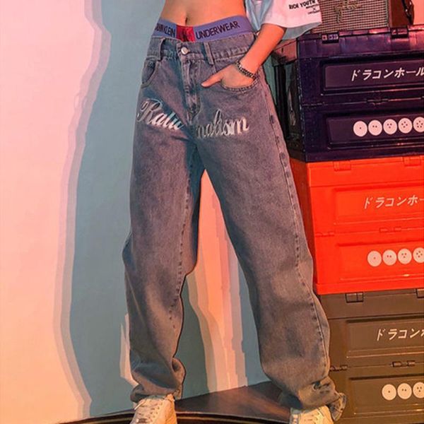 

women's jeans embroidered women's 2021 spring and autumn high-waisted straight wide-leg fashion brand hip-hop casual trousers, Blue