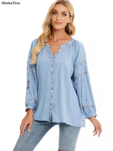 

women's blouses & shirts khalee yose floral embroidery blouse shirt 100% cotton autumn mexican women plus size 2xl ethnic boho lady 202, White