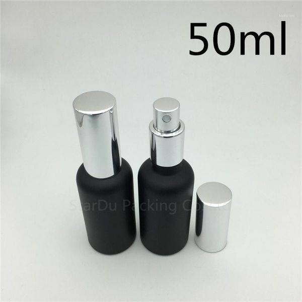 

storage bottles & jars 500pcs 50ml black frosted glass bottle with silvery aluminum sprayer, essential oil spray perfume