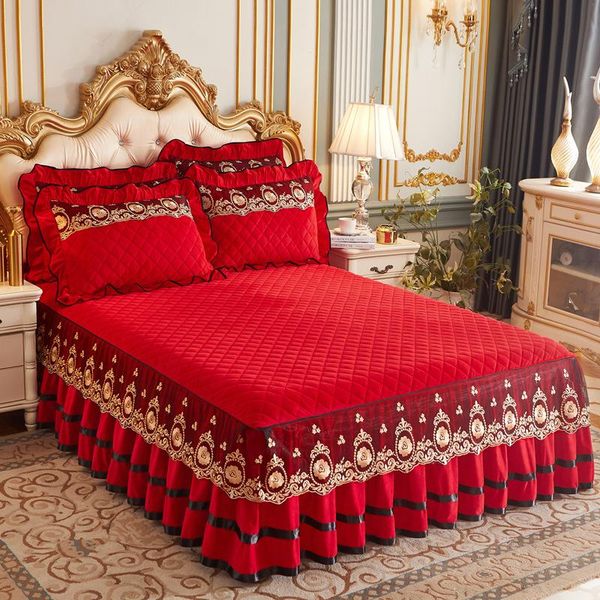 

sheets & sets [crystal velvet quilted lace bed skirt + a pair of cases] winter thick warmth and non-slip bedspread bedding sheet