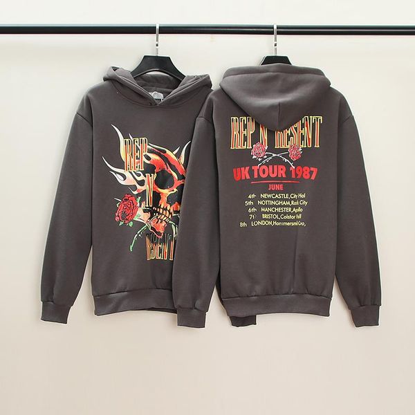 

men's hoodies & sweatshirts 2021fw represent vintage men women fashion winter fleece warm hooded rose skull print pullover, Black