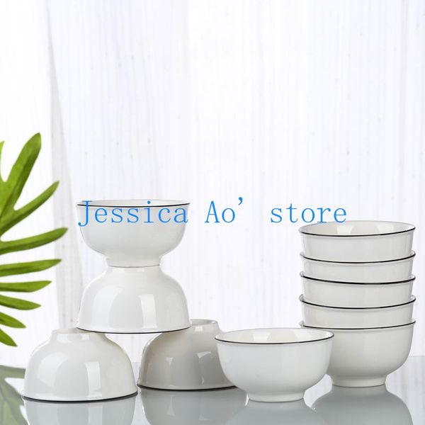 

bowls 5pcs 12cm chinese ceramic bowl bone china rice solid white color black edge cute set japanese brief tableware