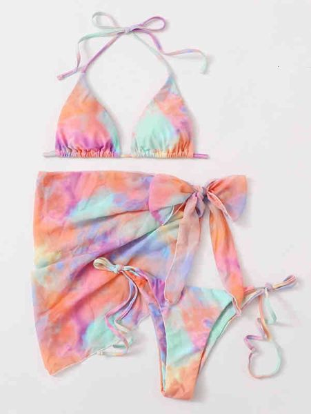 

2021 swimsuit bikini tie dyed three piece chiffon swimsuit, White;black