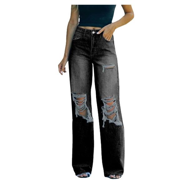 

women's jeans women fashion comfortable button high waist pocket elastic hole trousers slim denim pants pantalon pour femme, Blue