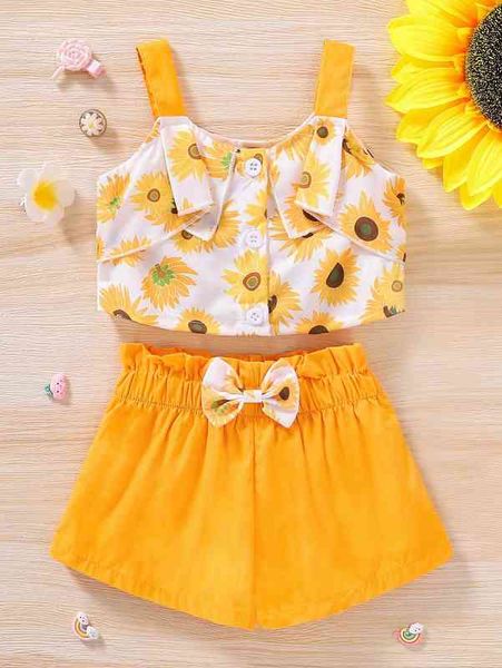 

baby floral print cami & bow front paper bag waist shorts she, White