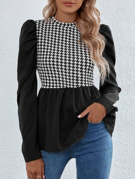 

houndstooth gigot sleeve peplum 25id#, White