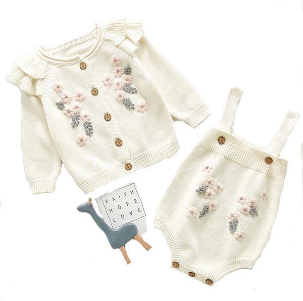 Roupa Outono Bodysuit Set infantil Menina recém-nascida camisola de malha Cardigan algodão bebê meninas jumpsuit 210413