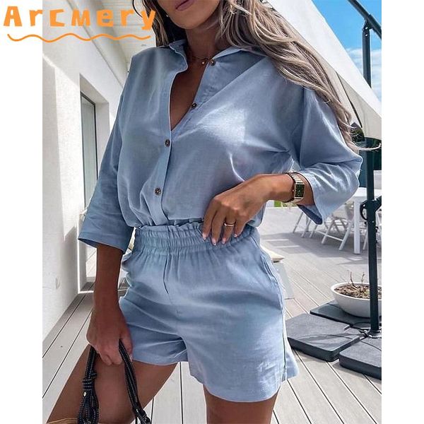 

women's tracksuits 2 pieces shorts sets women button design solid blouse & short, Gray