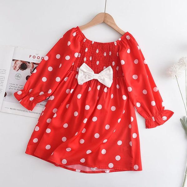 

girl's dresses girls princess dress girl autumn spring red puff sleeve fashion bow polka dot skirt 2-6 years kids casual clothes, Red;yellow