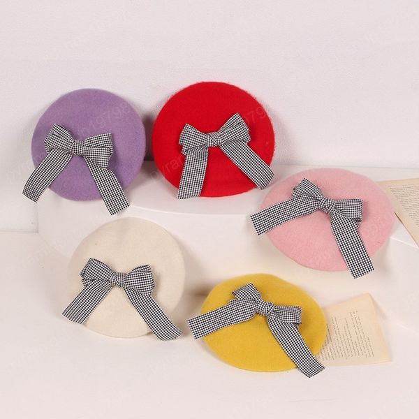 

big bow children beret cap ins celebrity inspired autumn winter baby lattice painter caps fashion hat, Yellow