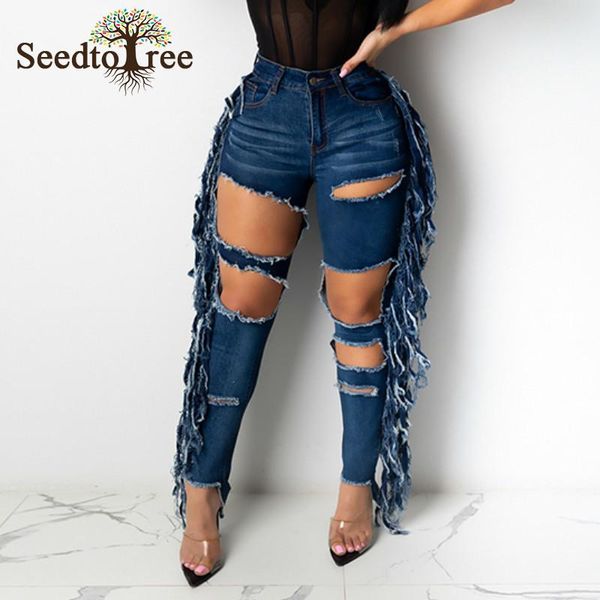 

women's jeans side tassel design ripped holes stretchy denim pants womon hollow out skinny casual, Blue