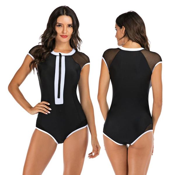 

one-piece suits womens zip front sleeveless high neck one piece swimsuit color block rash guard padded retro bathing rashguard swimwear