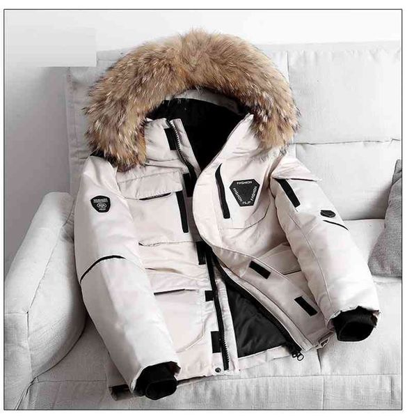 

-30 degree snow winter et white duck down parkas thicken coat fur hooded thick warm windbreaker men, Black;white