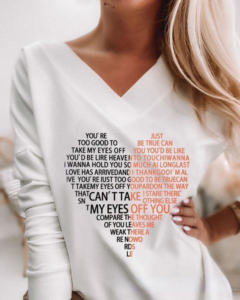 

women's t-shirt long sleeve white letter v-neck workwear