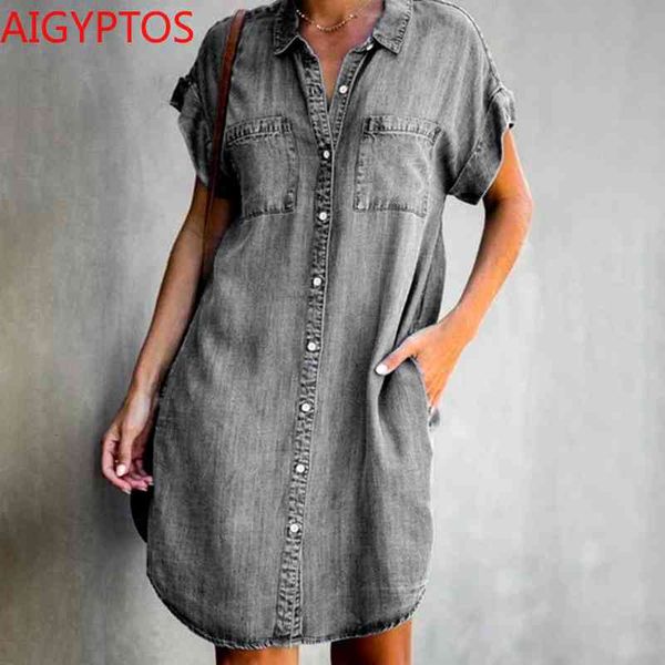 

casual dresses summer women short sleeve pockets single-breasted irregular hem knee-length denim loose style vestidos ktna, Black;gray