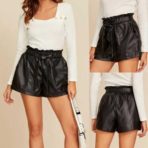 

women black color shorts fashion leather sport elastic short pants belt high waist pockets #g3 women's, White;black