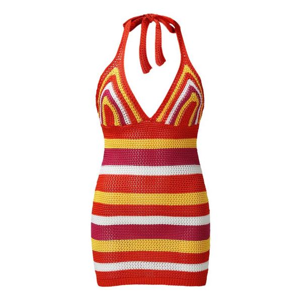 

casual dresses ins striped print knitted y2k sling summer 2021 v-neck women mini dress wrap party fashion bodycon clothing, Black;gray