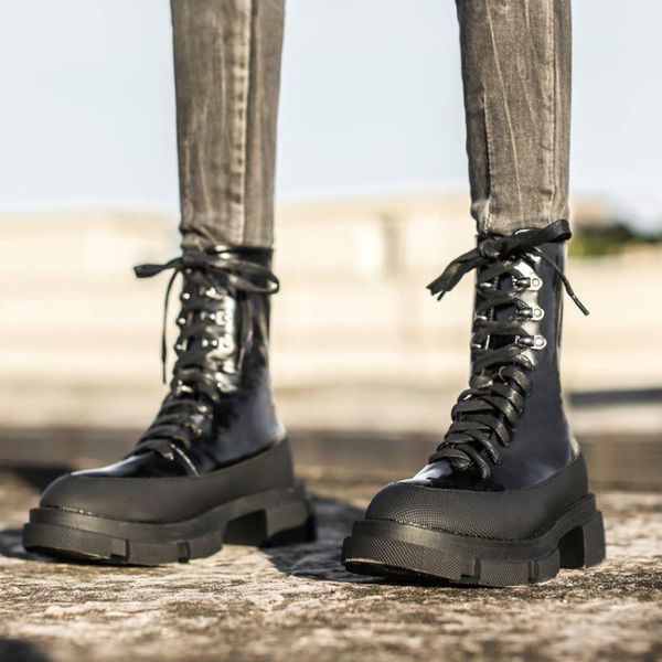 

boots xibeilove spring women's rubber thick soled patent leather stitching lace up comfortable1, Black