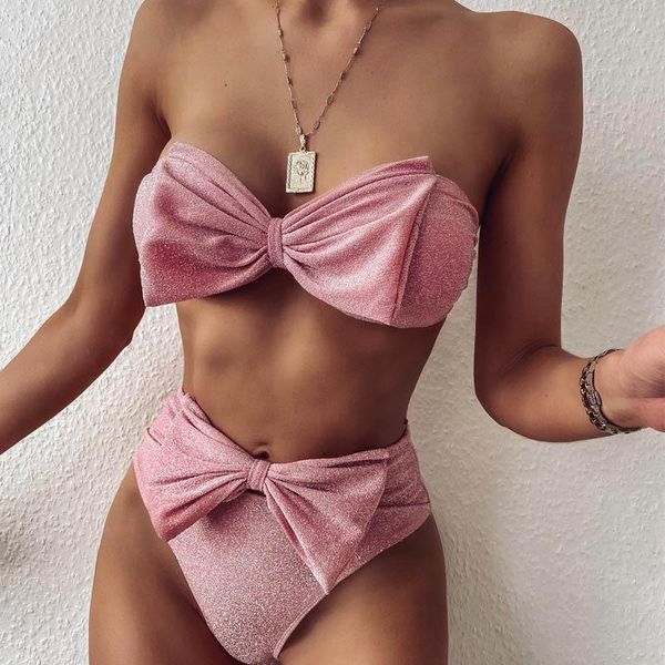 

women's swimwear pink velvet bow biquini high waist bikini 2021 swimsuits bandeau women shiny solid strapless bathers bathing suit, White;black