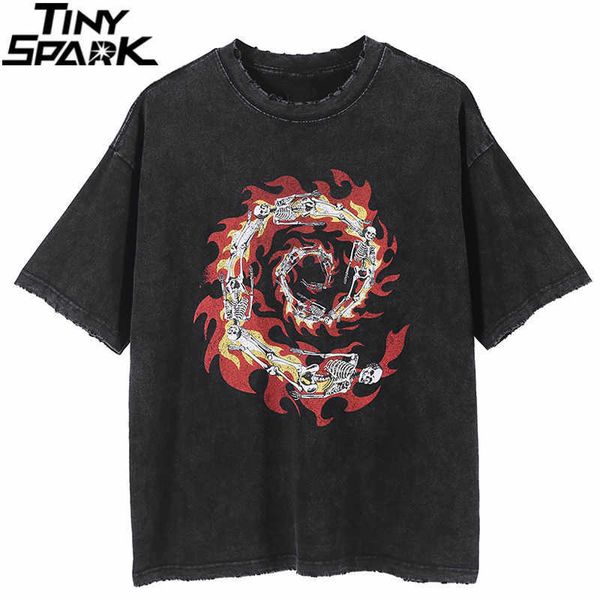 

men hip hop streetwear t shirt fire flame paisley skull ripped retro vintage washed t-shirt harajuku cotton tees black 210707, White;black