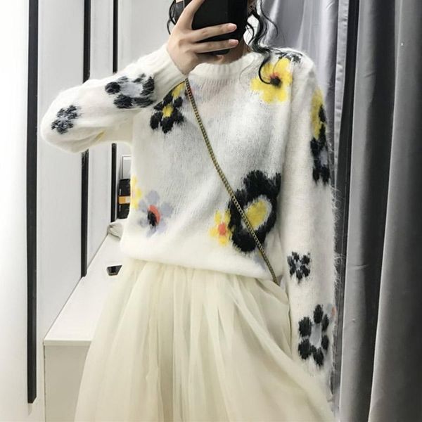 

women's sweaters women mohair pullovers runway sweater 2021 autumn fashion round neck floral jacquard loose thin knit ladies jumper, White;black